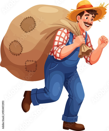 Happy farmer carrying heavy sack on back across rural field