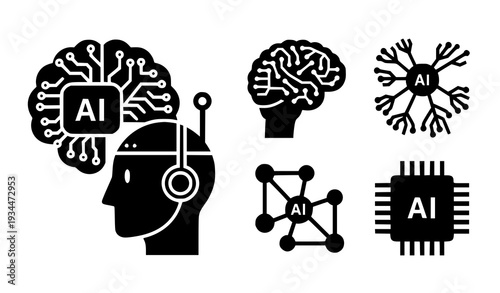 A set of six black and white vector icons depicting artificial intelligence concepts