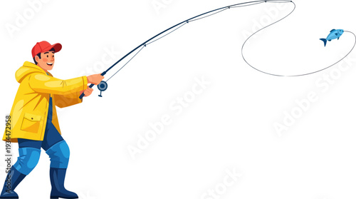 Happy fisherman catching fish with rod and reel