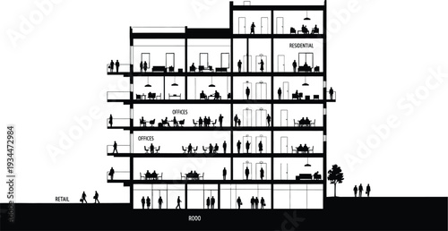 Building Section: Retail, Offices, Residential Floors with People - Urban Mixed-Use Development Illustration