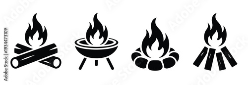 Campfire and Outdoor Fire Icon Collection, Vector Illustrations Including Flames, Firewood Logs, Cooking Grill, and Stone Ring for Camping and Nature Graphics.