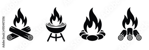 Campfire Vector Icons Set, Featuring Flames, Wooden Logs, Grill Rack, and Stone Circle Elements for Outdoor Activities, Camping, Hiking, and Adventure Design Projects.