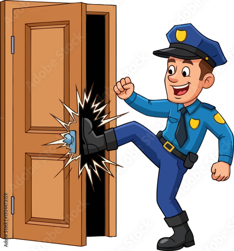 Law enforcement officer breaching a door during a raid