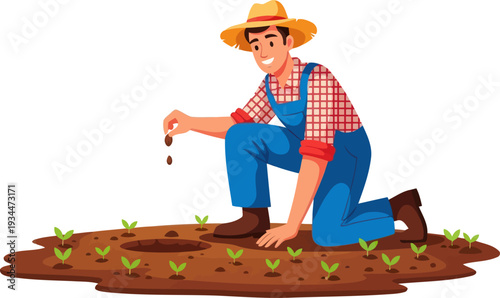 Male farmer planting seeds in fertile soil during spring