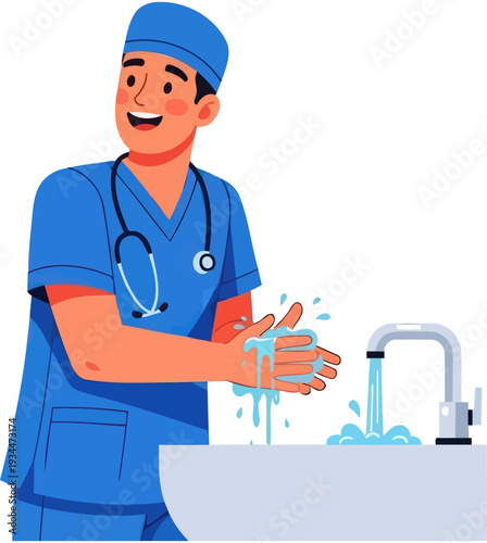 Male nurse scrubbing hands thoroughly at a clinic sink