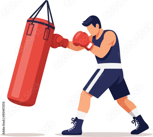 Male boxer training with red punching bag