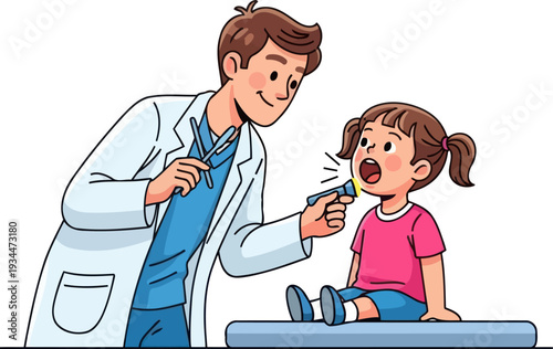 Male pediatrician examining young childs throat with flashlight