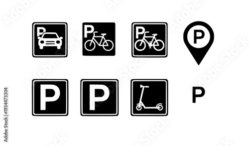 A set of black and white parking signs for various vehicles