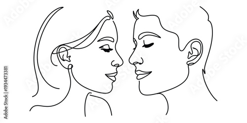Minimalist continuous line art of romantic couple faces