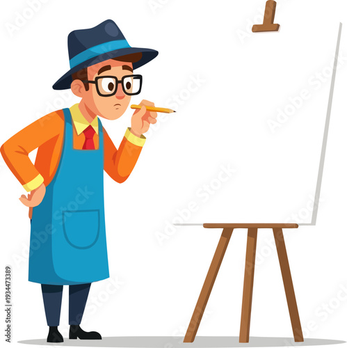 Painter contemplating blank canvas with pencil in hand