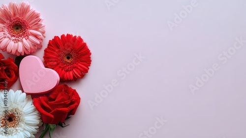Wallpaper Mural Valentine's Day Gerbera Daisies and Roses with Pink Heart Decoration on Light Pink Background Torontodigital.ca