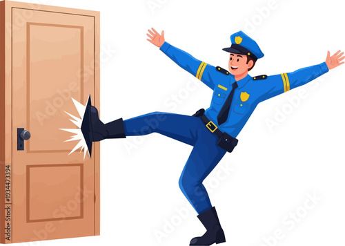 Patrol officer kicking down a wooden door during a raid