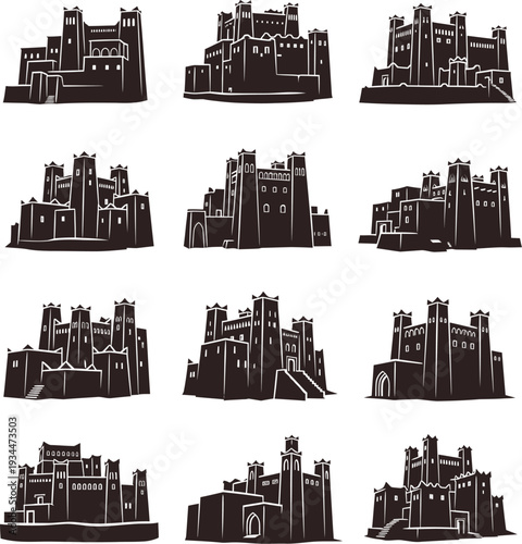 Medieval Castle Silhouettes: Collection of European Fortress Icons for History, Fantasy, and Game Design