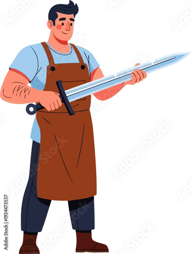 Skilled armorer inspecting forged steel sword in workshop