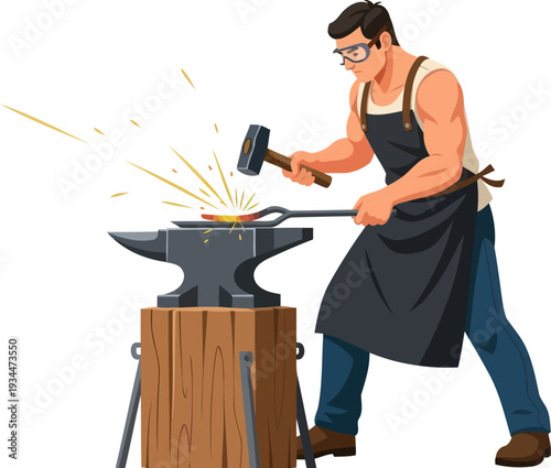 Skilled blacksmith forging hot metal on anvil with heavy hammer and sparks