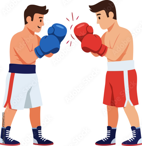 Two athletes sparring in boxing match with red and blue gloves