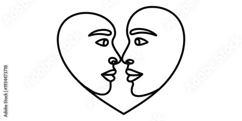 Minimalist heart shape formed by two faces line art