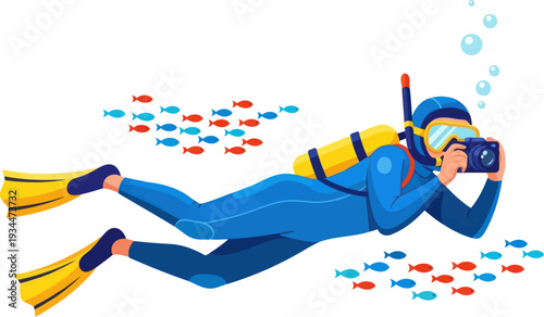 Underwater photographer taking pictures of tropical fish