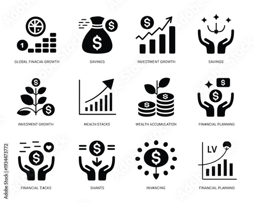 Collection of diverse icons representing financial growth and business success concepts