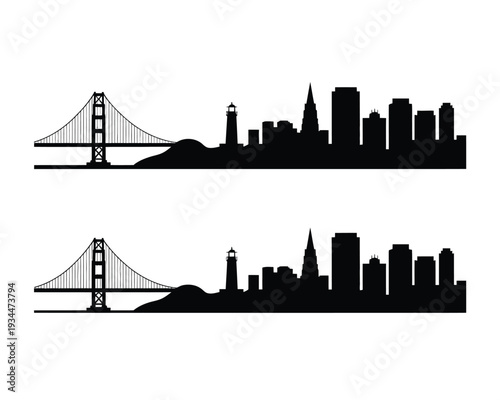 Silhouettes of san francisco’s iconic skyline and golden gate bridge in black and white contrast