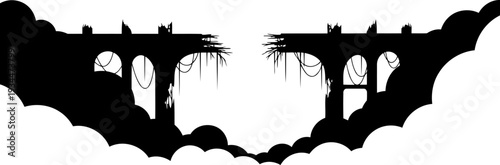 Broken post-apocalyptic bridge silhouette among clouds