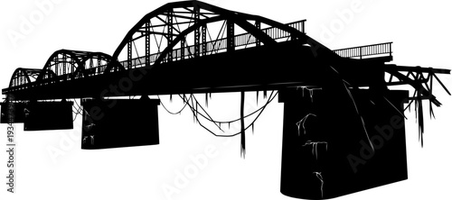 Damaged and broken truss bridge silhouette showing failure