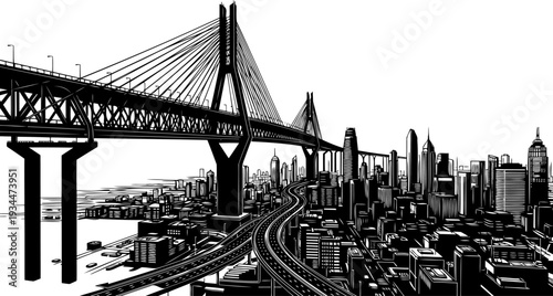 Dense urban cityscape silhouette with large bridge and highways