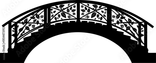 Decorative garden bridge silhouette with leaf pattern railing