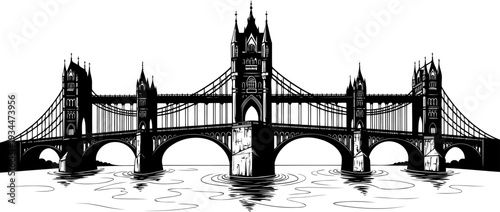 Detailed victorian gothic bridge illustration with multiple arches