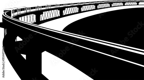 Elevated monorail train traveling on curved track silhouette