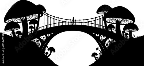 Fantasy bridge silhouette with giant mushrooms and figure