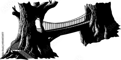 Fantasy rope bridge connecting two massive ancient tree trunks
