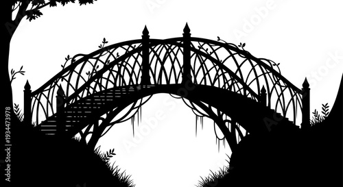 Fantasy vine-covered bridge silhouette in enchanted forest