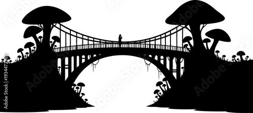 Fantasy silhouette of a person standing on a bridge surrounded by giant mushrooms