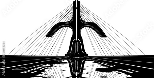 Futuristic cable stayed bridge with reflection