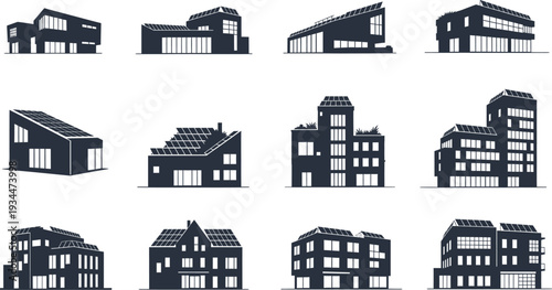 Modern Eco-Friendly Buildings with Solar Panels: Minimalist Architecture Silhouettes for Green Energy and Sustainable Living Concepts