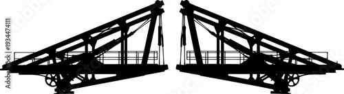 Industrial silhouette of a heavy metal drawbridge mechanism with gears and arms