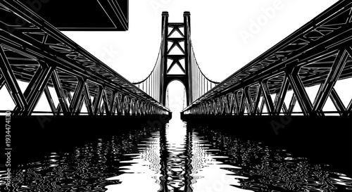 Industrial truss bridge silhouette reflecting on calm water surface