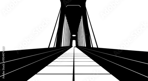 Low angle perspective of a long suspension bridge roadway