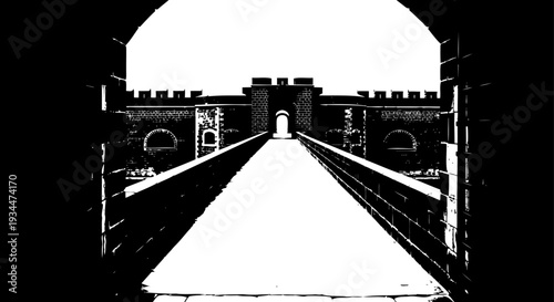 Long stone walkway leads toward a fortified castle gate entrance