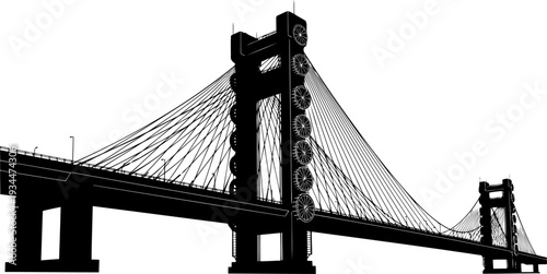 Modern cable-stayed bridge silhouette featuring unique circular architectural details on the towers