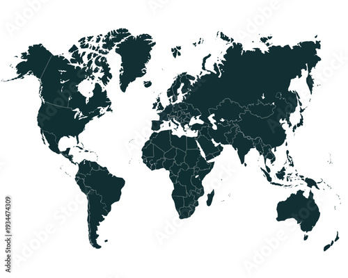 World map highlighting all continents and major landmasses in dark shades