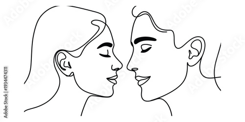 Minimalist continuous line art of two women in a romantic moment