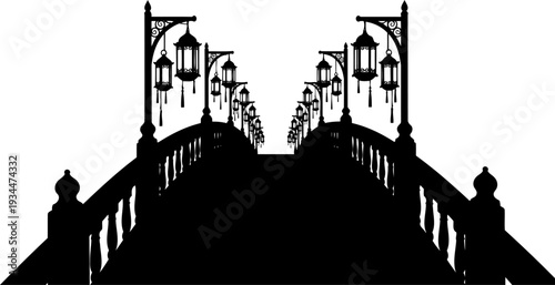 Ornate bridge walkway with vintage lanterns perspective