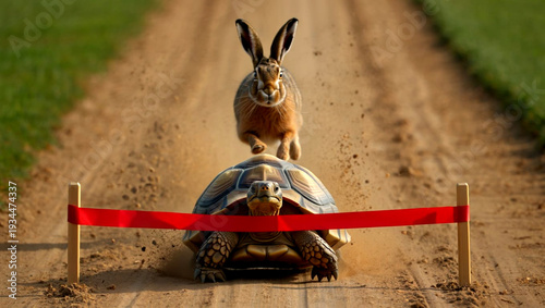A turtle and a rabbit cross the finish line in a surprising race outcome