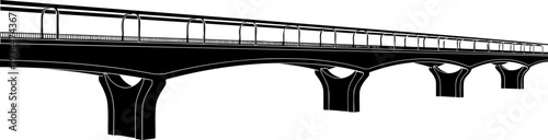 Perspective view silhouette of a long modern concrete bridge with support pillars