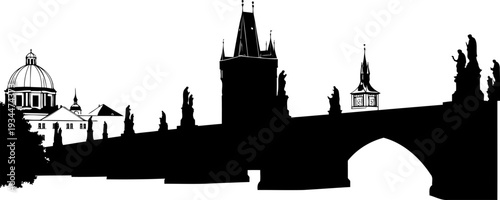 Prague charles bridge silhouette with historic statues and gothic towers