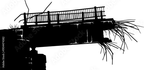 Ruined bridge end with exposed steel rebar