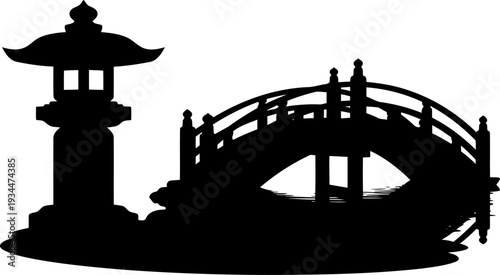Serene japanese garden bridge silhouette with a stone lantern