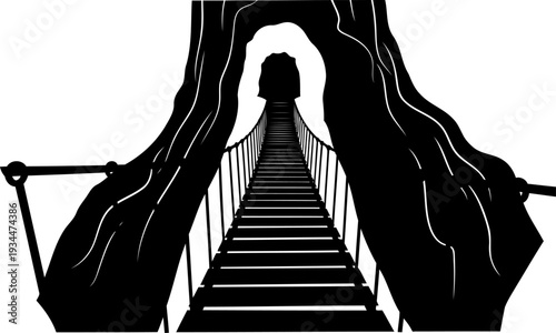 Rope suspension bridge leading through a dark cave opening